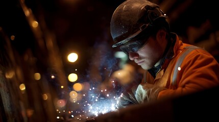 Industrial welder in safety gear illuminates the night with a shower of bright sparks