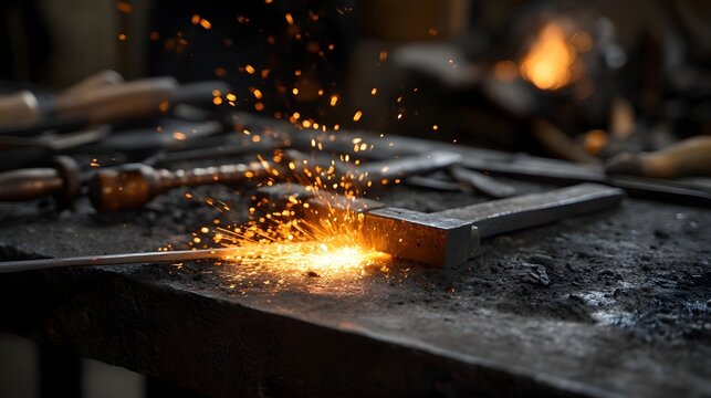 Close up of a blacksmith s anvil with bright sparks flying during metalworking - Powered by Adobe