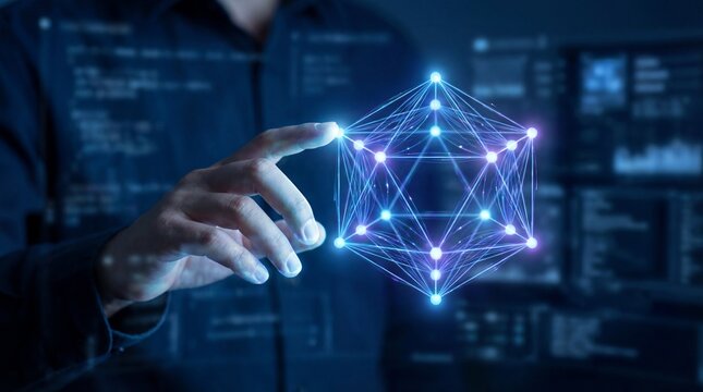 AI technology hand touching glowing digital network polygon, abstract blue data science connection background, virtual reality innovation concept for business, cyber security, web - Powered by Adobe