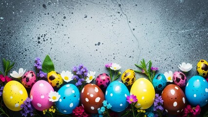 Colorful Easter Eggs and Flowers Border on Dark Textured Background image photo