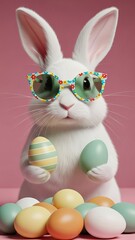White Bunny Wearing Sunglasses Holding Easter Eggs on Pink Background rabbit