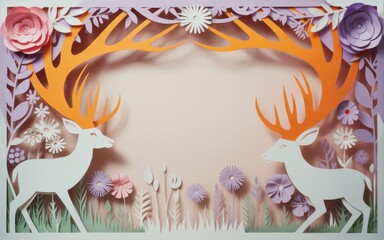Fototapeta premium Two white deer surrounded by vibrant flowers and foliage in a paper art scene with orange antlers