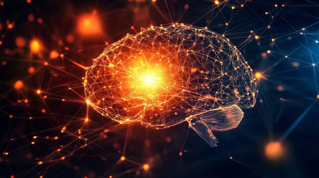 A glowing digital brain with vibrant orange and yellow lights against a dark background - Powered by Adobe