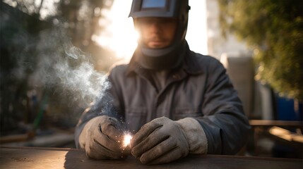 A welder working outdoors on metal illuminated by bright sunlight with sparks and smoke rising