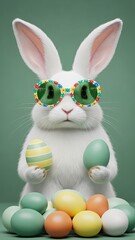 Whimsical White Easter Bunny Wearing Fun Floral Sunglasses Holding Eggs rabbit animal