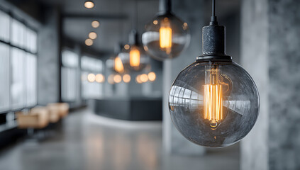 Spherical light bulbs installed as ceiling lamps in contemporary office or home interiors, focusing on functional illumination
