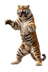 Obraz premium Roaring tiger standing aggressively isolated on transparent background, generative ai