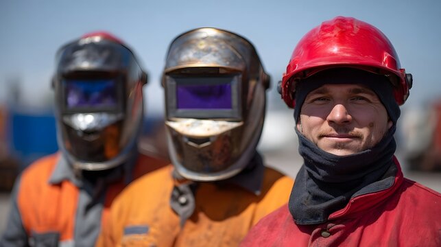 Three skilled welders in protective gear stand together in an outdoor industrial environment