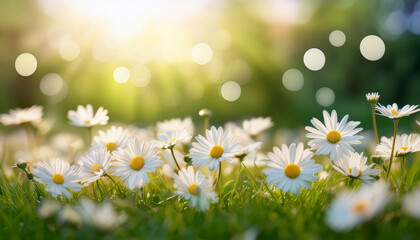 Sunlit White Daisies On A Green Meadow With Bokeh Background Spring Nature Scene