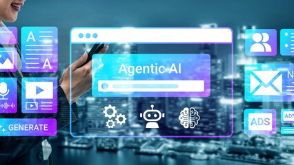 Person using smartphone with futuristic interface displaying Agentic AI technology and digital content management in a modern city background at night Gluon.