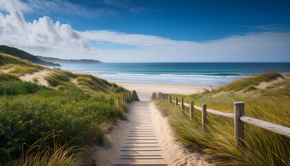 Tranquil Foopath Leading To Idyllic Beach Detailed Hyper Realistic Landscape Image