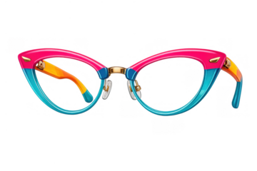 Colorful cat eye glasses, retro design with pink, teal, and orange frames, reflecting stylish eyewear fashion and fun