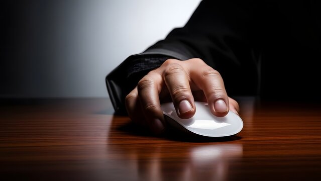Person's hand using a modern white computer mouse on a dark wooden desk.