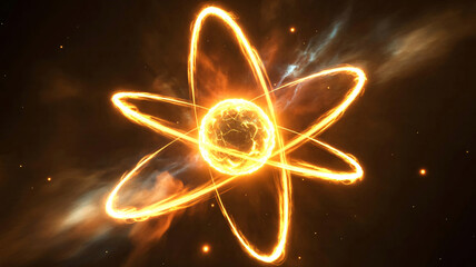 Glowing atomic structure showing nucleus and electron orbits for physics and energy science