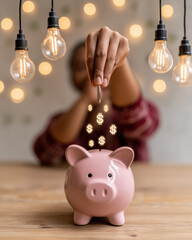 Person Placing a Coin into a Pink Piggy Bank with Floating Dollar Signs and Lightbulbs in a Warm, Cozy Setting with String Lights symbolizing financial growth. Selective focus
