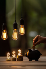 Hand Placing a Coin into a Piggy Bank with Illuminated Light Bulbs and Stacks of Coins and Dollar Signs Symbolizing Financial Growth, Selective focus. Copy Space, 2:3 Aspect Ratio