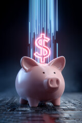 Pink Piggy Bank on Circuit Board with Glowing Neon Dollar Sign and Blue Light Trails Symbolizing Digital Finance, Investing and Future Savings, Copy Space, 2:3 Aspect Ratio