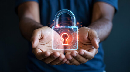 Secure data protection concept with hands holding a digital padlock on dark background