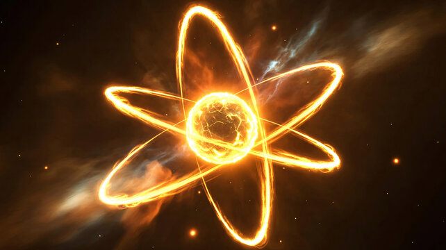 Glowing atomic structure showing nucleus and electron orbits for physics and energy science