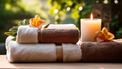 Spa Towels And Candle Arranged For A Relaxing Experience In A Peaceful Setting