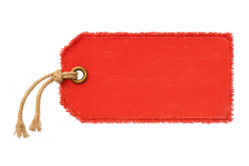 Blank red fabric tag with frayed edges and brown cord, a concept for retail sales, price, label, or discount signage
