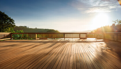Wooden Deck With Sunlight And Railing Architecture Outdoor