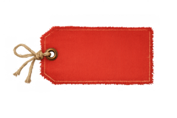 Blank red fabric tag with twine bow hanging, perfect for sales, promotions, or gift concepts on transparent background