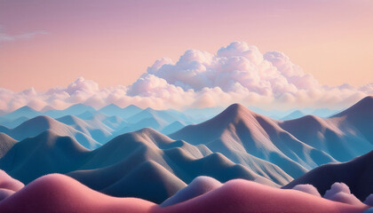 Soft Topography Landscape With Pastel Mountains And Clouds