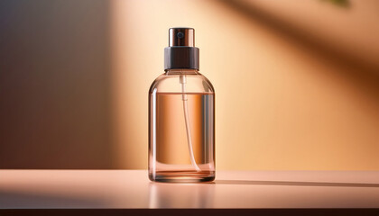 Sleek Transparent Spray Bottle Stands Elegantly Against Soft Warm Background Illuminated By Gentle Light Minimalist Design And Subtle Colors Evoke Sense Of Calm And Sophistication