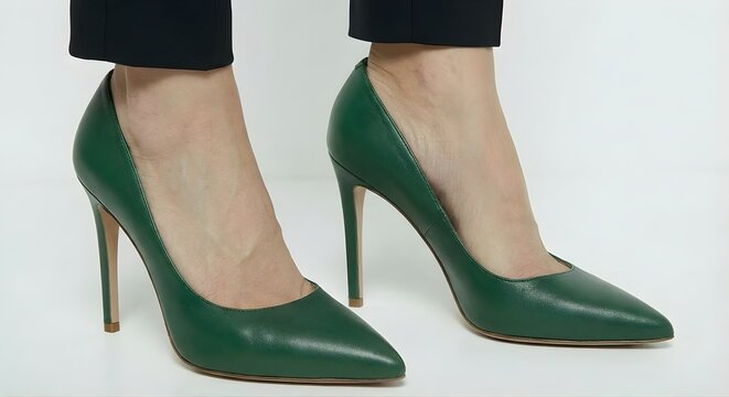 Lady wearing green heels, green heela cloae up view 