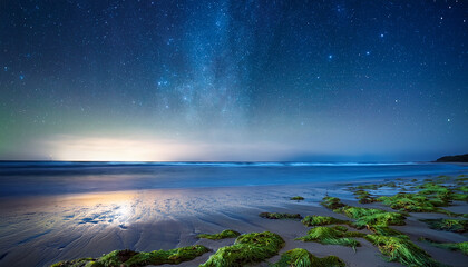Twinkling Stars Above And Bioluminescent Algae Below Illuminating A Midnight Beach Walk