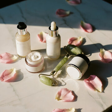 Bodeg&oacute;n de productos de cuidado de la piel con rodillo de jade y p&eacute;talos de rosa sobre mesa de m&aacute;rmol