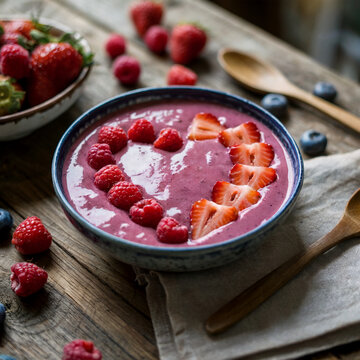 Smoothie bowl de bayas en taz&oacute;n de cer&aacute;mica azul con decoraci&oacute;n de coraz&oacute;n de fresas y frambuesas