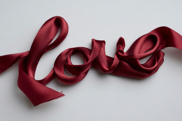 Red satin ribbon shaped into the word love.