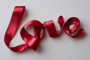 Red ribbon shaped into the word love.