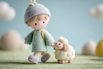 A child walks with a fluffy sheep in a whimsical setting.