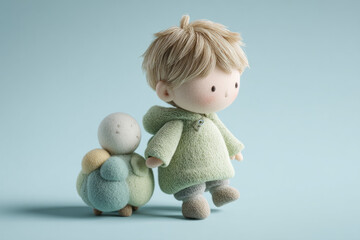 A cute doll with a fluffy hairstyle and colorful companion.