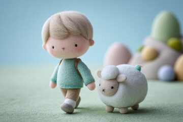 A child walking with a cute sheep.