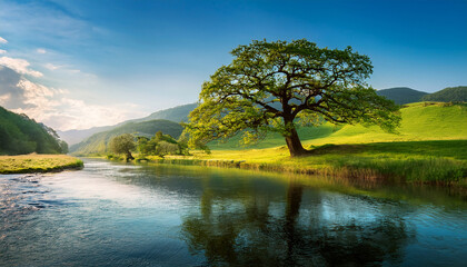Picturesque Landscape Featuring A Majestic Tree Along A Tranquil Riverbank Scene