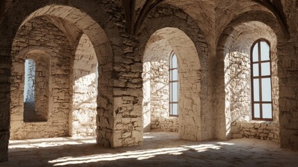 Fototapeta premium Medieval Castle Interior With Stone Walls and Soft Light Creating a Historic Atmosphere in a Spacious Room