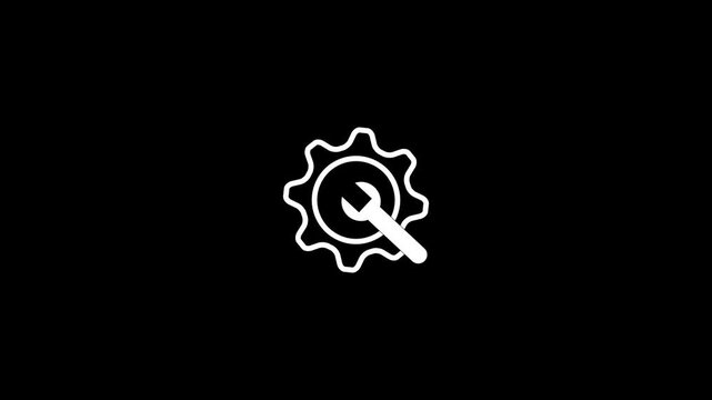Wrench and cog wheel icon, repair tool icon animation on black background. gear rotation. 4k video