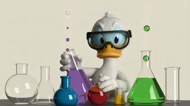 Clever duck cartoon scientist mixing potions in lab 3d animation
