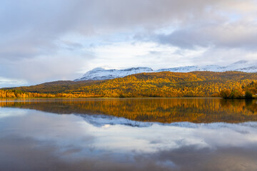 Fototapeta premium Autumn landscape of Northern Norway, with colorful trees, serene water reflections, and dramatic mountains.