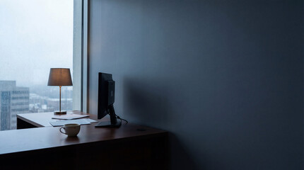 Rainy office desk near window. Quiet office workspace with monitor, lamp, coffee, city rain outside, wide copy space for newyear planning, back to work campaigns, office mood, winter theme