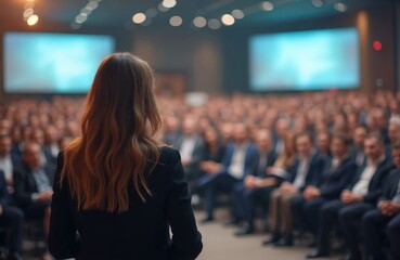 Woman addresses large attentive crowd. Speaker presents data on screen at business conference. Audience listens intently during lecture. Focus on presenter. Insightful talk.