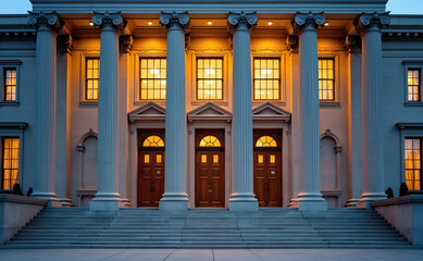 Grand building facade with large columns and wood doors. Wide steps lead to entrance of courthouse. Warm light shines from windows of law building. Public institution exterior at dusk.