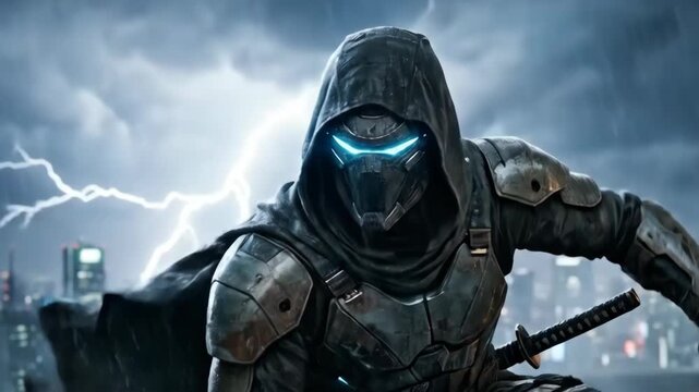 Armored hooded warrior with glowing visor. stealthy armored vigilante crouching rooftop during