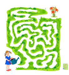Best labyrinths. Can you help the little girl find the way to its flower? Logic puzzle game. Brain teaser book. Educational page. Kids activity sheet. Hand drawn vector illustration.