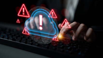 Red alert triangles over a blue cloud icon, symbolizing cloud security threats, system warnings,...