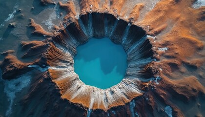 Aerial view captures volcanic crater lake in Iceland highlands. Turquoise water fills caldera. Mineral textures form abstract rock pattern. Unique landscape offers travel destination adventure in